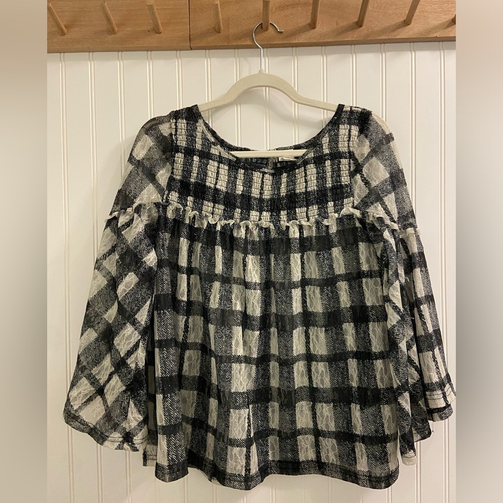 Anthropologie Black and White Plaid Blouse